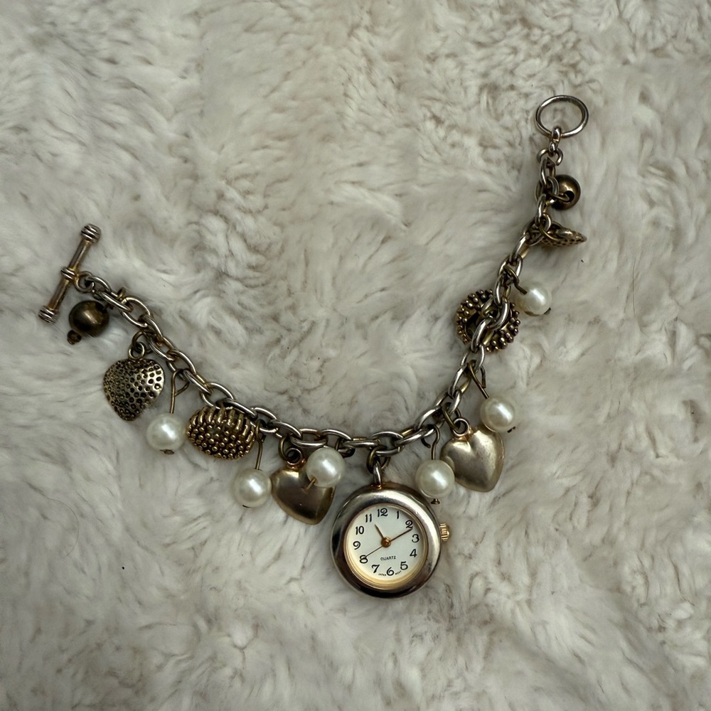Vintage Gold Charm Bracelet with Watch and Pearls - Picture 3 of 4